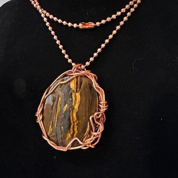 Tigers Eye Pendant Necklace Solid Pure Copper Chain Unisex Handmade Gift Tiger's - Picture 2 of 6